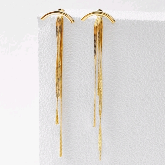 Curved Bar yellow Gold plated Tassel boho chic Statement earrings 2/$30 - Picture 4 of 13
